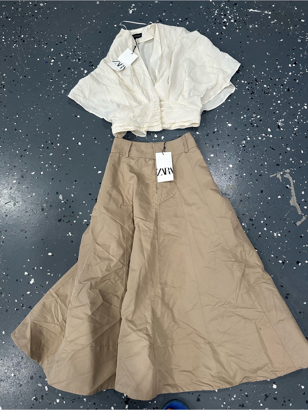 Zara Cream Crop Top with Tan A-Line Skirt Set